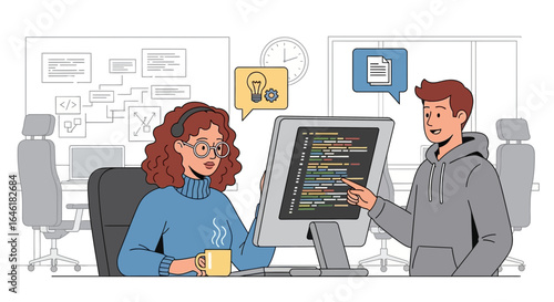 Two developers collaborating on software code in a modern office environment showing teamwork
