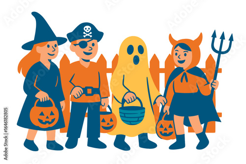 Kids dressed in Halloween attire go door-to-door asking for treats surrounded by pumpkins and bats in a black and white setting