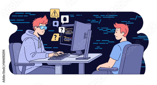 Two programmers are working to find and resolve bugs in the software application