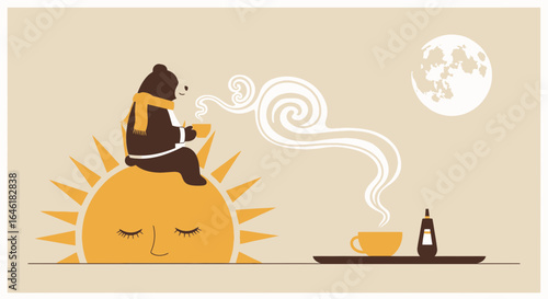 Whimsical morning scene of a bear on the sun sipping tea under the moon concept art