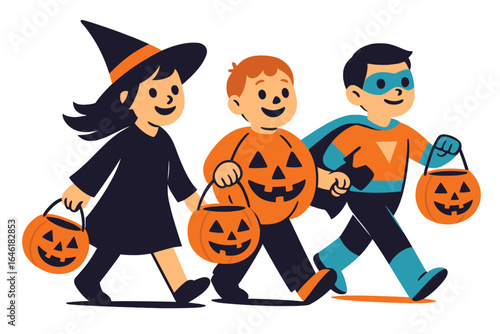 Three charming cartoon kids dressed in Halloween attire, including a pumpkin, a witch, and a red hooded figure, are joyfully trick-or-treating with jack-o'-lanterns and candy buckets