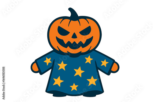 A child is dressed in a pumpkin costume with a frightening face for Halloween