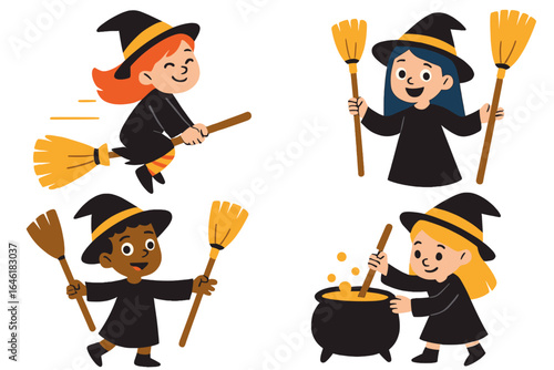 Cute Vector Collection of Halloween and Fantasy Witch Characters with Potions and Brooms in Cartoon Witches Set