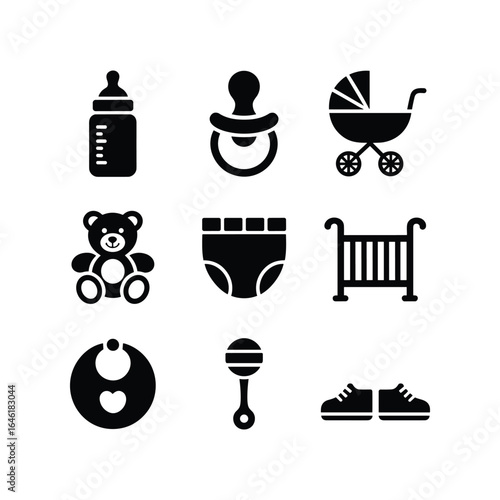 Collection of baby care icons including bottle pacifier stroller teddy bear diaper crib bib rattle and shoes