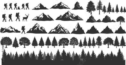Mountain landscape silhouettes, hiking people vector, forest tree set, nature explorer clipart, deer wildlife element, cad drawing flat vector illustration