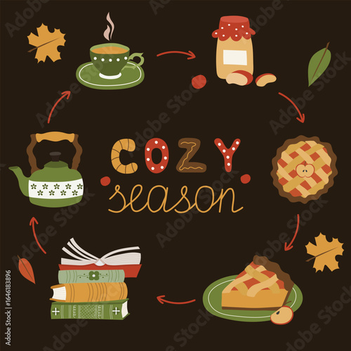 Cozy hygge lifestyle banner for autumn. Flat vector illustration.