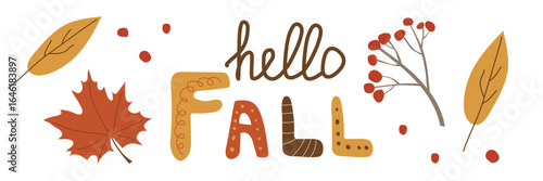 Cozy banner with yellow leaves and berries Hello Autumn. Vector flat illustration.