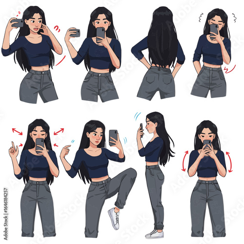 Illustrations showing a woman taking selfies with a phone in various poses and angles against white background on transparent background