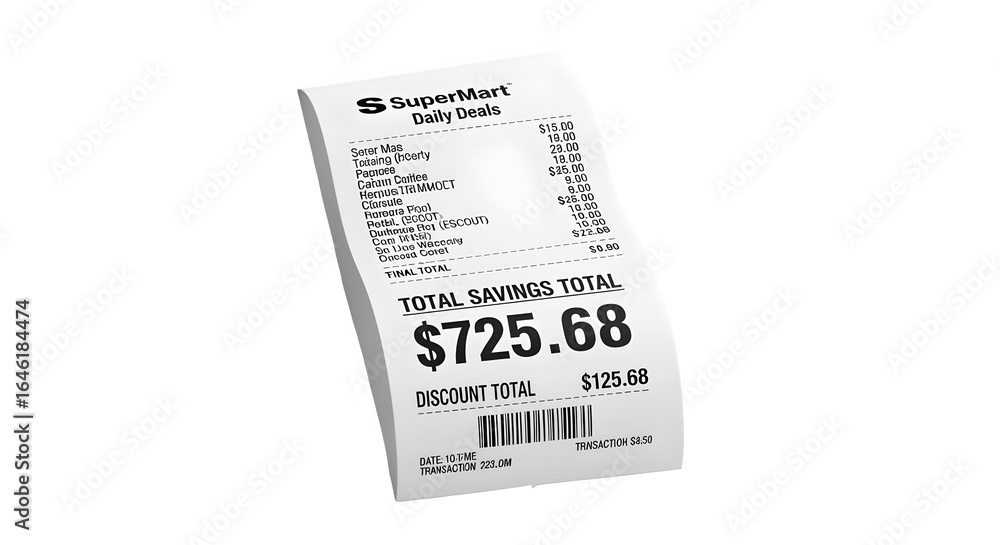 Naklejka premium Isolated shopping receipt showing big discount total on white background
