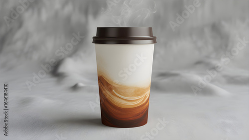 A cup of coffee on a snowy landscape, showcasing the contrast between the warm beverage and the cold environment, creating a cozy and inviting scene