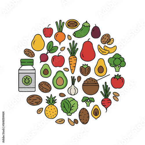 Circular arrangement of colorful fruits vegetables nuts and a supplement bottle illustration on transparent background