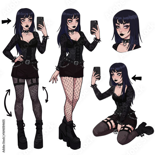 Illustrations of a goth girl in various poses taking a selfie with her smartphone in black clothing on transparent background