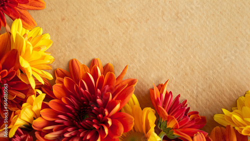 Autumn chrysanthemum flowers in warm colors on a textured background