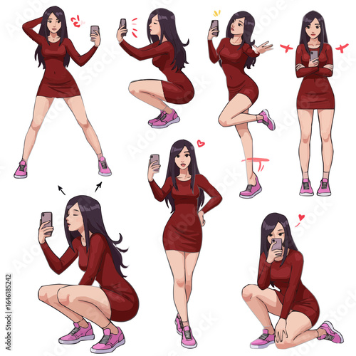 Various poses of a woman in a red dress taking selfies with her smartphone on a white background layout on transparent background