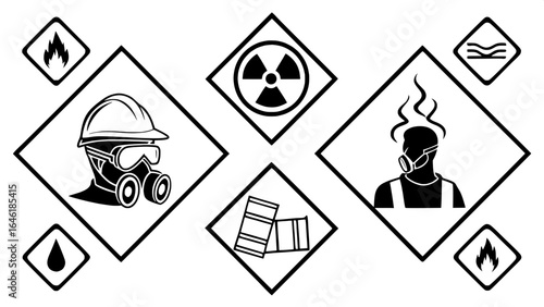 "Industrial hazard pictograms in black and white — gas leak, toxic vapors, flammable materials, protective helmet, safety goggles — ISO-style vector illustrations."