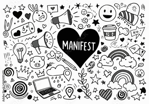 Doodle art with heart shape and manifest text surrounded by various hand drawn elements and objects on transparent background