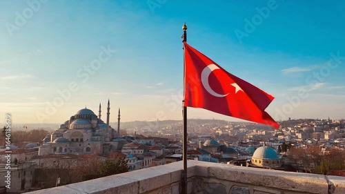 Dynamic Turkish flag waving proudly over historic Istanbul cityscape with majestic Süleymaniye Mosque in the background under vibrant blue skies, showcasing rich culture and heritage
