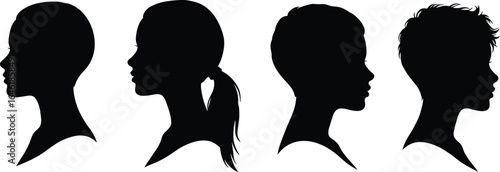 Profile silhouettes of human heads, blurred face, clear face, hairstyle variation, short hair, tousled hair, identity, contrast, minimal, abstract