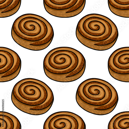 Seamless vector pattern of hand-drawn cinnamon rolls with textured surface and brown shades, creating a delicious and appetizing bakery design.