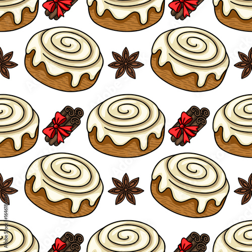 Seamless vector pattern of delicious cinnamon rolls, star anise, and cinnamon sticks tied with red bows, creating a festive and appetizing bakery design.