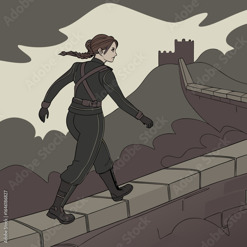 A thin pale woman with brown hair in a halo braid updo, is walking on top of a narrow stone bridge without railings, arms out for balance