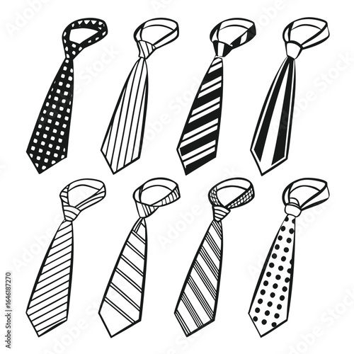 Eight Hand Drawn Black and White Neckties with Various Patterns fashion accessory