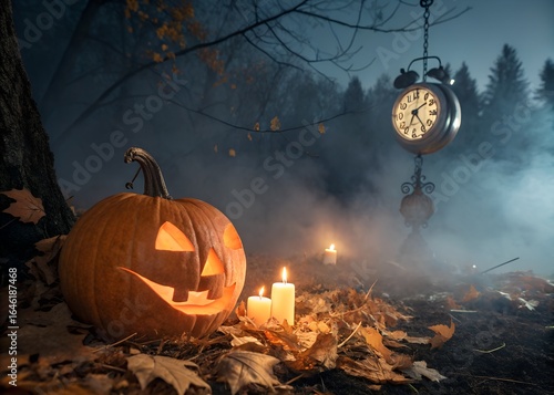 Halloween pumpkin with clock in a spooky forest at night