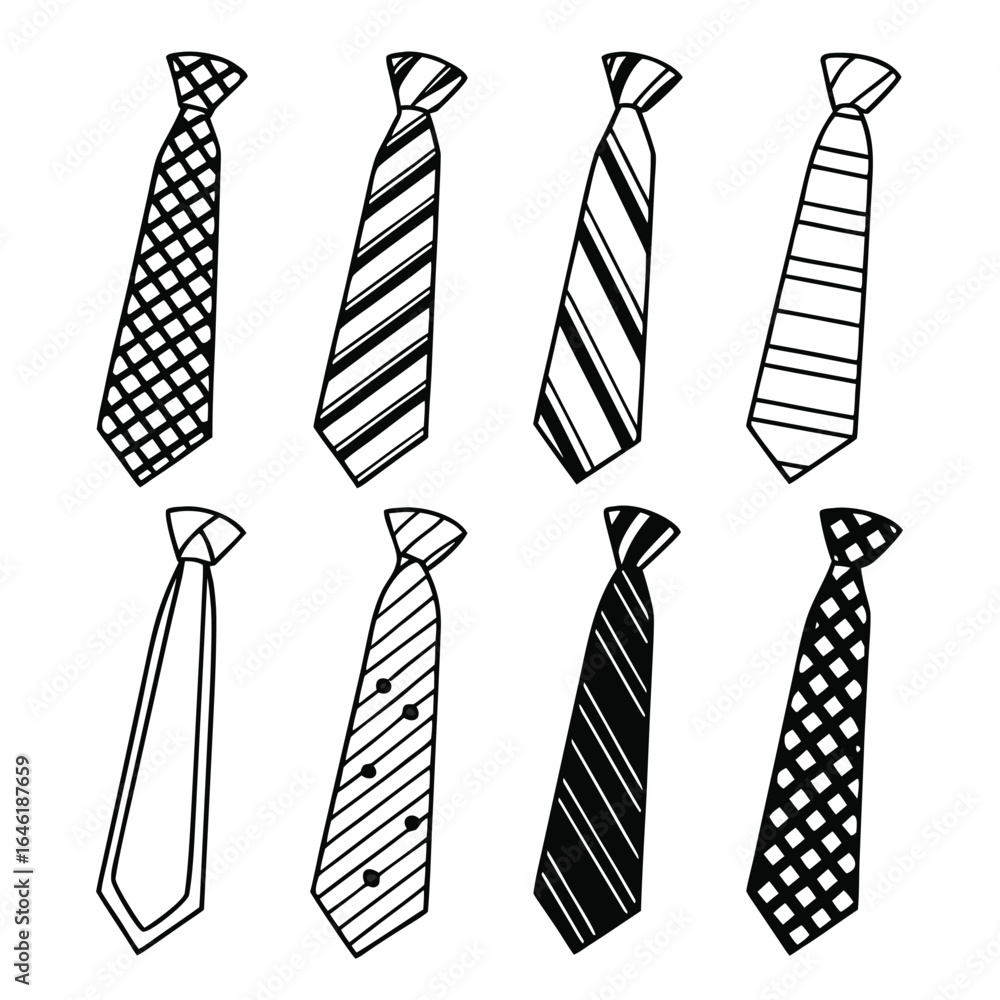 Eight black and white tie illustrations with various patterns and stripes necktie fashion