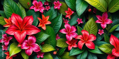 Wallpaper Mural Vibrant exotic floral background, lush leaves & blooms,   plants,  floral design Torontodigital.ca