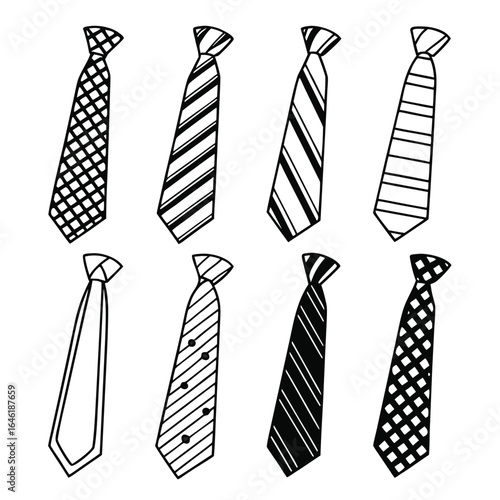 Eight black and white tie illustrations with various patterns and stripes necktie fashion