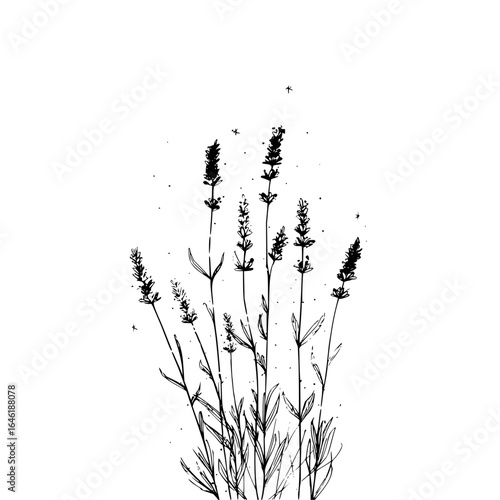 Botanical lavender flower drawing sketch illustration floral plant herb garden aroma therapy black and white design art
