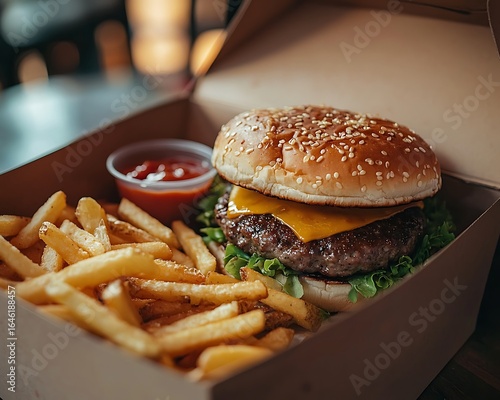 A fast food delivery box opened to reveal a meal with a burger, fries, and a dipping sauce cup, placed on a table, warm lighting. 