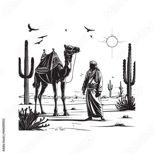 Vector art of a traditional bedouin man with his camel in a desert landscape with cacti and birds under the sun