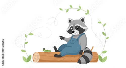 Whimsical raccoon character observing a green caterpillar on a wooden log illustration