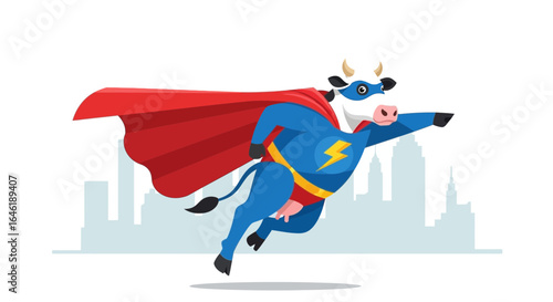 Whimsical superhero cow flying through the city protects everyone day and night