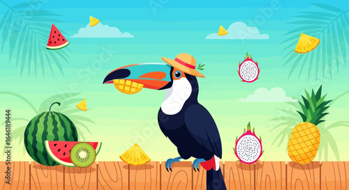 Whimsical toucan with hat and mango in beak enjoying a tropical fruit fiesta