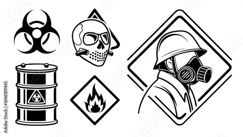 "Minimalist monochrome vector icons of chemical and gas hazards — including toxic gas, gas leaks, fire hazards, and protective equipment — clean outlines, high-contrast black-and-white style."