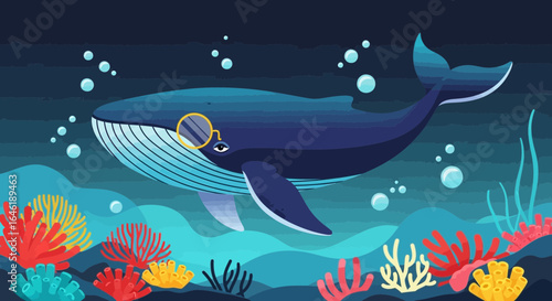 Whimsical undersea scene: a refined whale with monocle amidst vibrant coral reefs