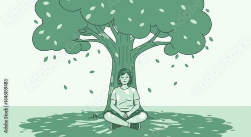 Woman meditating under a green tree in nature promotes wellness and tranquility depicted in minimalist illustration style