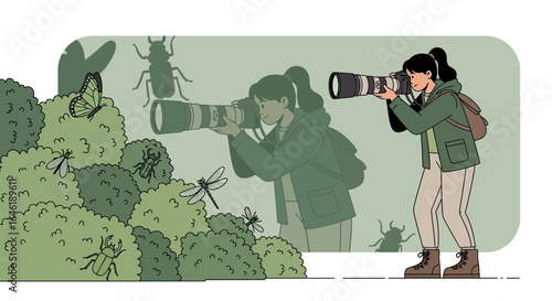 Woman Photographing Insects With Camera Nature Enthusiast Wildlife Observation
