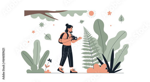 Woman photographer with backpack taking pictures in nature, outdoor activity illustration with natural setting and harmonious color palette