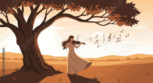 Woman playing violin under a tree in an autumn landscape illustration