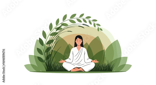 Woman Practicing Meditation Outdoors Among Lush Greenery For Wellbeing