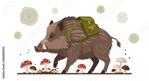 Wild Boar Hiking Adventure with Backpack Through a Forest Fantasy