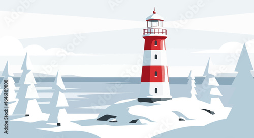 Winter Beacon Coastal Scene With Isolated Lighthouse And Snowy Landscape