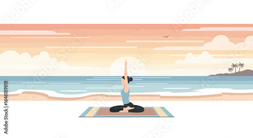 Woman Practicing Yoga Pose on Beach at Sunset for Wellness and Relaxation
