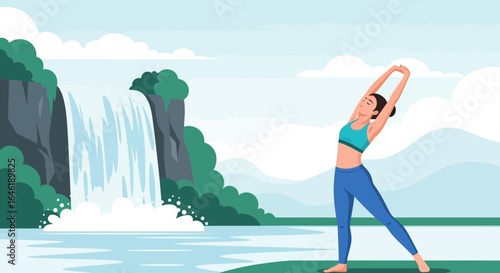 Woman practicing yoga outdoors with a waterfall scenic backdrop for wellness