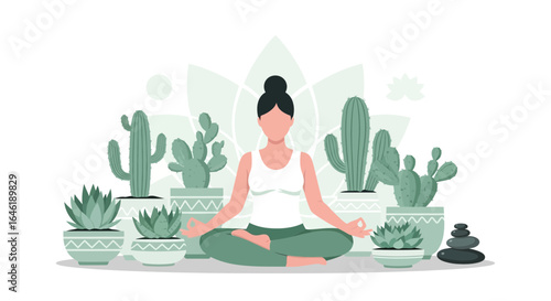 Woman practicing yoga surrounded by cacti and succulents in a peaceful setting promoting wellness and mindfulness for relaxation