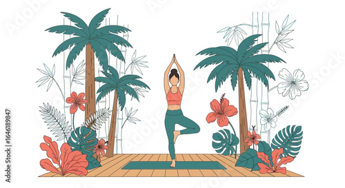 Woman practicing yoga tree pose in tropical setting with palm trees and flowers