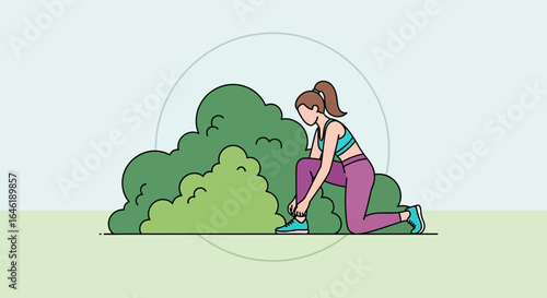 Woman preparing for a workout by tying her shoelaces in a park with trees